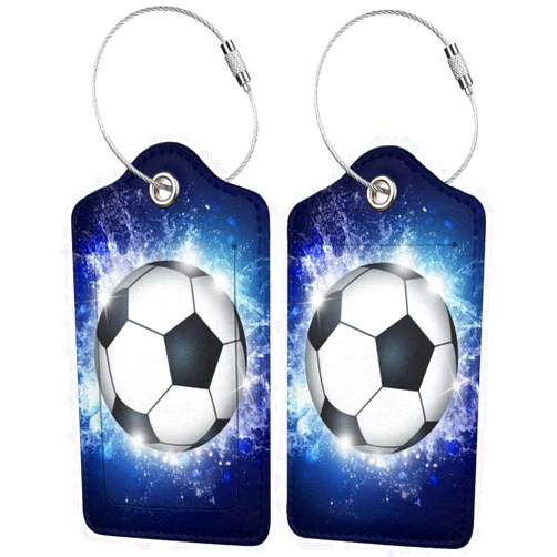 SNAPMADE 2 Pcs Kids Adults Soccer Luggage Tags for Suitcases for Sport Boys Men Women Girls, Leather Bag Labels Baggage Tag for Travel Business with Stainless Steel Loop & Name ID Privacy Cover