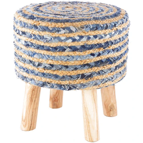 Hauteloom Fermont Hand Made Ottoman Pouf - Bohemian Jute and Wood Stool - Foot Stool Natural Seagrass - Rattan Furniture Piece - Blue, Navy, Beige - 16