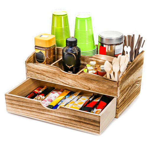 Lawei Coffee Station Organizer for Counter with Drawer, Wood Coffee Pod Holder Storage Basket, Tea Bag Condiment Storage, Rustic Coffee Bar Accessories Condiment Organizer for Coffee Bar Decor