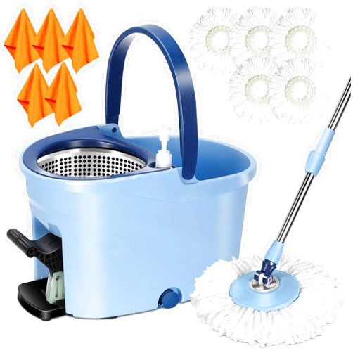 MASTERTOP Spin Mop and Bucket with Wringer Set, Foot Pedal, Easy Wring Floor Cleaning System, Stainless Steel Handle, 5 Microfiber Mop Pads, 5 Cleaning Clothes, Hardwood Laminate Tiles Marble