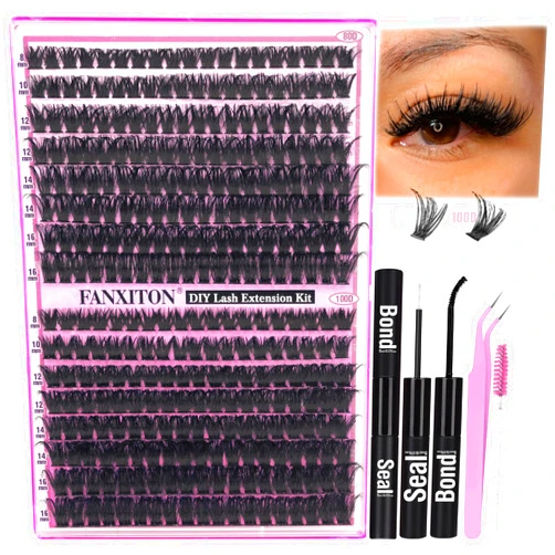 FANXITON DIY Lash Extension Kit Volume Thick Lash Clusters 80D+100D 320pcs Individual Lashes D Curl Eyelash Extension Kit Lash Bond and Seal and Tweezers for Lash Clusters Kit DIY at Home