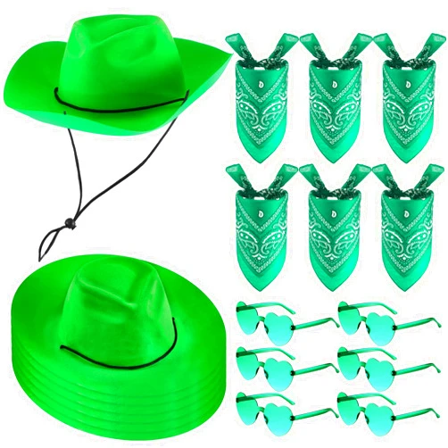Newcotte 18 Pcs Western Cowboy Plastic Hat Set Include 6 Hats 6 Paisley Bandanas 6 Pairs Heart Glasses for Party (Green)