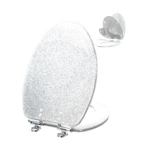 Angol Shiold Toilet Seat Resin Elongated Silver Glitter Slow Quiet-Close Heavy Duty Decorative Acrylic Seats for Standard Toilets, Easy to Install also Easy to Clean (19 Inch, Silver Glitter, Upgraded hinge)
