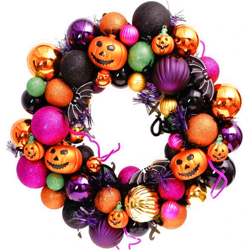 Valery Madelyn Halloween Ball Wreath for Front Door with Lights, 20 inch Pre-Lit Cute Treat-or-Trick Pumpkin Wreath Shatterproof Ball Ornament for Centerpiece Indoor Party Holiday Wall Home Decor