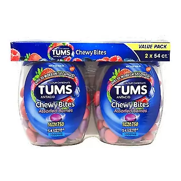 TUMS Chewy Bites Extra Strength Antacid Tablets for Chewable Heartburn Relief and Acid Indigestion Relief, Mixed Fruit, Blue,Mixed Fruit, 54 Count, Pack of 2