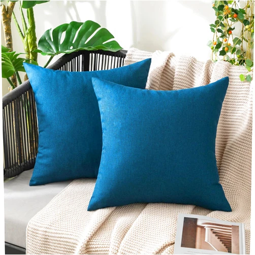 MIULEE Pack of 2 Decorative Outdoor Solid Waterproof Throw Pillow Covers Polyester Linen Garden Farmhouse Cushion Cases for Patio Tent Balcony Couch Sofa 16x16 inch Blue