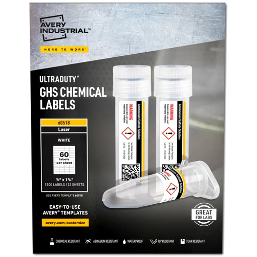 Avery UltraDuty GHS Chemical Labels for Laser Printers, Waterproof, UV Resistant, 0.5 x 1.75, Pack of 1,500 (60518)