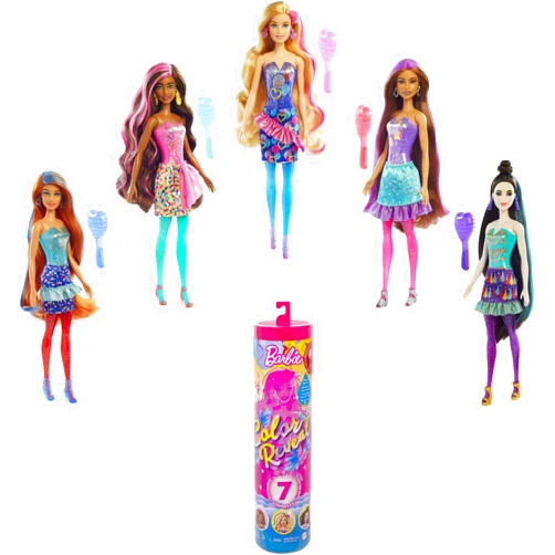 Barbie Color Reveal Doll with 7 Surprises: 4 Bags Contain Skirt, Shoes, Earrings & Brush; Water Reveals Confetti-Print; Doll’s Look & Color Change on Hair & Face; Party Series [Styles May Vary]
