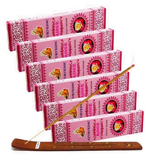 Trumiri Incense Stick Holder Bundle with Ayurvedic Rose 15g Masala Incense Sticks - Pack of 6 (Approx 90 Sticks)