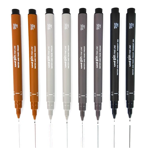 Uni Pin Fineliner Drawing Pen - Sketching Set of 8-0.1mm / 0.5mm - Black, Dark Gray, Light Gray, and Sepia
