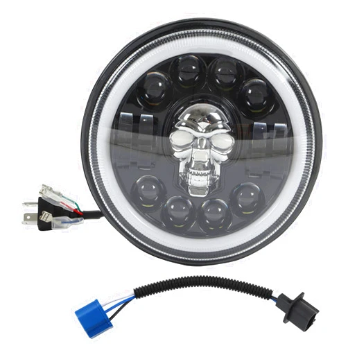 Aramox Motorcycle Halo Headlight, 7in Universal Motorcycle LED Headlight Skull Head Pattern White Lighting Waterproof Modification