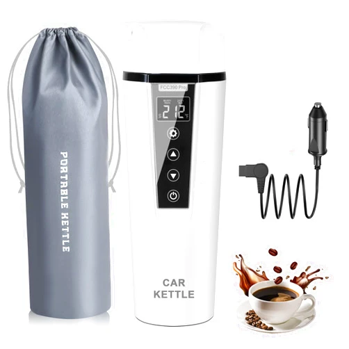LINGYOKY Car Electric Kettle: 12V/24V Portable Water Boiler Heated Travel Mug,Multiple Temperature Adjustable Coffee Tea Truck Cup with 304 Stainless Steel Dry Burn Protection & Handy Cup Bag
