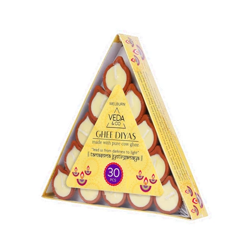 Welburn Veda&Co™ Pure Cow Ghee Diya for Puja - 30 Pieces, 45 Minutes Burn Time, Clarified Butter Filled, Paraffin Free, Clay Diya Lamp, Ready to Use Diya, Yoga & Meditation, Eco Friendly Pooja Diyas