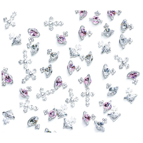 IOHAUU 60pcs 3D Planet Nail Charms Y2K Chrome Nails Art Supplies, White Pink Saturn Shape Shiny Rhinestones Gems, Crystal Cross Acrylic Charm for Women Girls