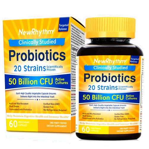 NewRhythm Probiotics 50 Billion CFU 20 Strains, 60 Veggie Capsules, Targeted Release Technology, Stomach Acid Resistant, No Need for Refrigeration, Non-GMO, Gluten Free 60 Count (Pack of 1)