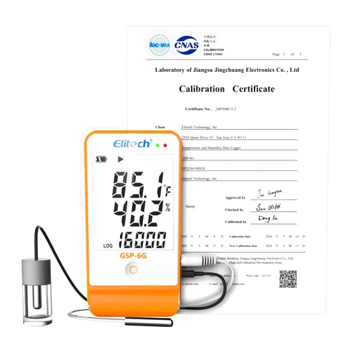 Elitech Digital Temperature Humidity Data Logger Medical Refrigerator Thermometer Vaccine Fridge Temperature Monitor Max Min Value GSP-6G-ISO 17025 Certified