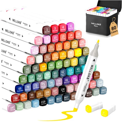WELLOKB Alcohol Markers, 80 Colors Dual Art Colored Markers for Coloring Book, Painting, Drawing, Alcohol Based with Carrying Case (80, Broad&Fine)