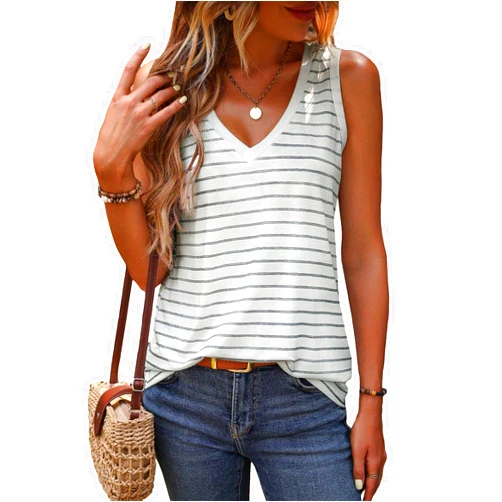 SweatyRocks Women's Striped Print Tank Top V Neck Sleeveless Casual Basic Loose Tee Shirts