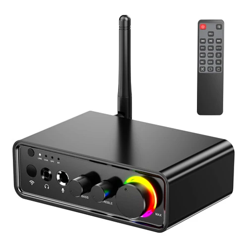 DAMGOO 200W Amplifier 2.0 Channel 2 x TPA3116D2 Chips Stereo AMP Karaoke Bluetooth 5.3 Optical and AUX Inputs, for Speakers Remote Control DC 12-24V