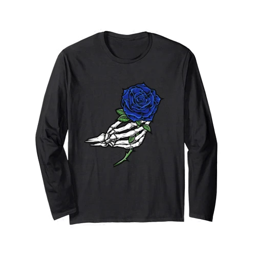 COol Skull & Skeleton Tatto Arts Halloween Gifts Skeleton Hand Holding Blue Rose Long Sleeve T-Shirt