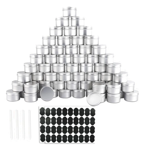 OBKJJ 64 Pack Round Cans with Screw Lid 4 Oz Aluminum Metal Tins DIY Food Candle Containers for Lotion Bars, Balms, Salve, Spices, Beard Balm, Crafts with 4 Markers 2 Sheets Label Stickers (Silver)