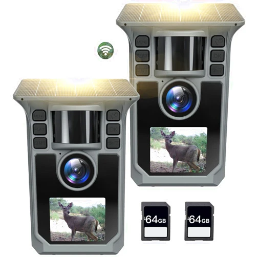 Hrivcam Trail Camera 2 Pack 4K 64MP WiFi Solar Game Camera, 5000mAh Forever Power, 64GB Memory Card and Ip67 Waterproof Night Vision Trail Cam for Outdoor Wildlife Detection, Monitoring Trail Cameras