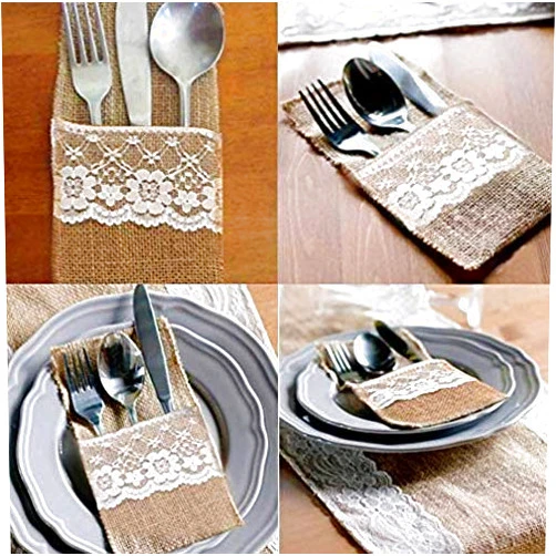 LareinaXXX Natural Burlap Lace Utensil Cutlery Holders Pouch Bags 10 Pack Knifes Forks Napkin Silverware Holder Bag for Rustic Wedding Party Bridal Shower Decorations
