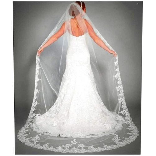 Brinote Lace Wedding Veils Long Cathedral Veils for Brides Appliqued Bridal Veils Flower Church Soft Tulle Veils with Comb 118“ (Ivory)