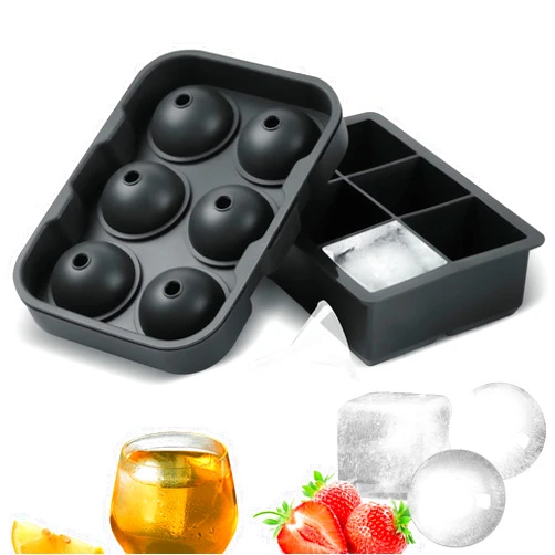 ALLTOP Ice Cube Trays(Set of 2),Sphere Mold with Lid & Large Square Ice Maker for Whiskey, Cocktails,Reusable Round Silicone Tools, DIY,Freezer-Black