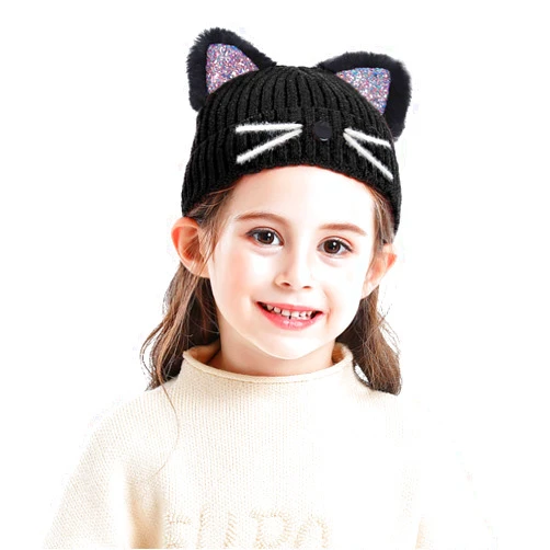Bellady Mother Children Sequin Cat Ears Hats Warm Knit Crochet Beanies Cute Fashion Skull Cap