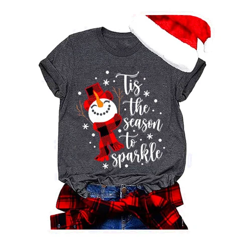 MYCHTE Tis The Season to Sparkle T-Shirt Women Christmas Holiday Shirt Cute Snowman Graphic Tee Casual Short Sleeve Tops