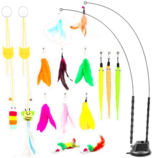 Depets Cat Wand Toy, 15 Pcs Interactive Cat Feather Toys, Cat Teaser Toy for Indoor Cats Self Play, 2 Play Modes Cat Toys Wand, Reusable Suction Cup Cat Toys for Indoor Cats Kittens Play Exercise