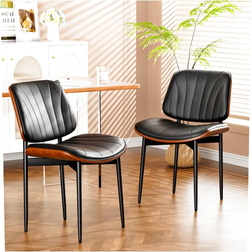 YaFiti Dining Chairs Set of 2, Dining Room and Kitchen Chairs, FSC Certified Mid Century Modern Accent Chair, Upholstered PU Leather Chairs for Vanity with Walnut Bentwood and Metal Legs, Black