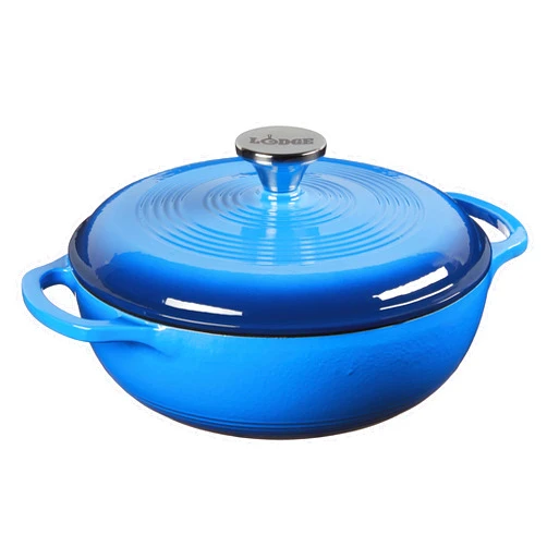 Lodge 3 Quart Enameled Cast Iron Dutch Oven with Lid – Dual Handles – Oven Safe up to 500° F or on Stovetop - Use to Marinate, Cook, Bake, Refrigerate and Serve – Caribbean Blue