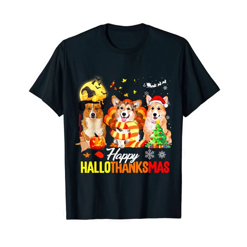 Corgi Lovers Dog Halloween Thanksgiving Christmas Corgi Dog Happy Hallothanksmas Halloween Thanksgiving Xmas T-Shirt