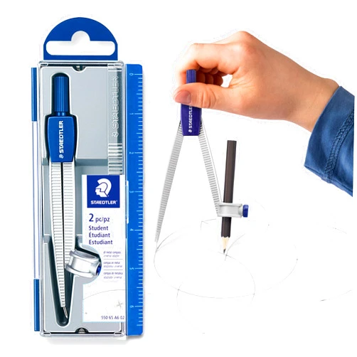 STAEDTLER Advanced Student Compass 2 Piece Set - Metal Compass with Quick-Set Center Wheel, Universal Adapter & Spare Lead, Draws Circles up to 10.25