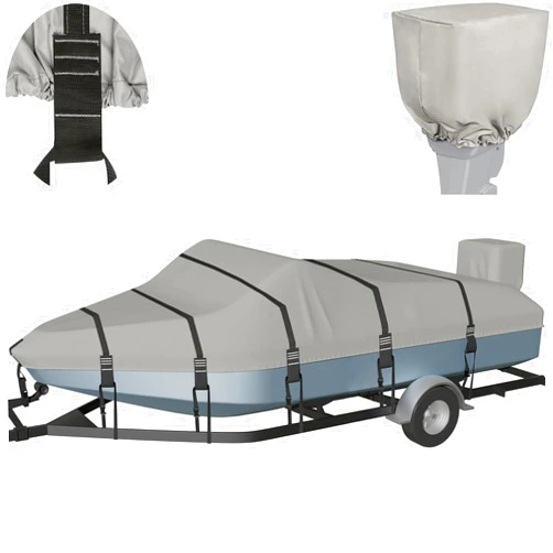 Nukugula 1200D Solution-Dyed Waterproof Boat Cover, Heavy Duty Trailerable Bass, Runabout, V-Hull, Tri-Hull Pro-Style Fishing Boat Cover with Motor Cover 16'-18.5'