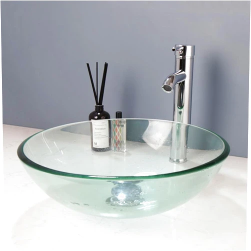 KECTIAKL Bathroom Glass Vessel Sink with Chrome Faucet and Pop-Up Drain Combo, 16 Inch Round Bathroom Sink Above Counter Tempered Glass Sink Bowl, Clear