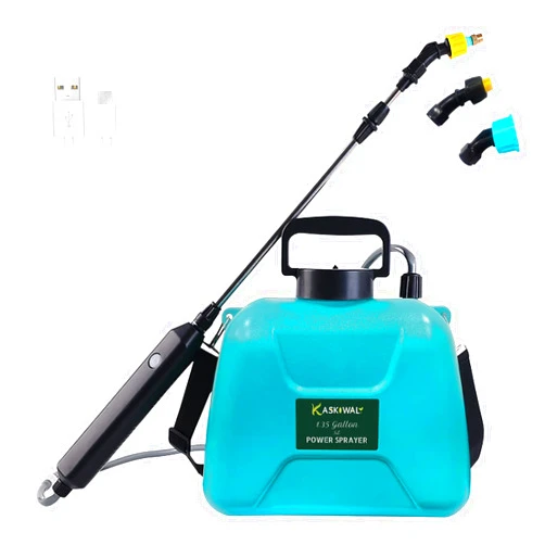 Kaskiwaly Battery Powered Garden Sprayer with 3 Mist Nozzles, 1.35 Gal Lawn Water Sprayer with USB Rechargeable Handle and Telescopic Wand, Portable Electric Sprayer with Shoulder Strap for Gardening, Cleaning