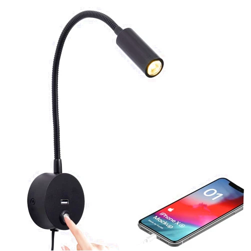 WisHomee Dimmable Wall Mounted Reading Light with USB Charging Port, Plug-in LED Headboard Reading Light, Bedside Spot Wall Lamps with Flexible Gooseneck, Black Finished