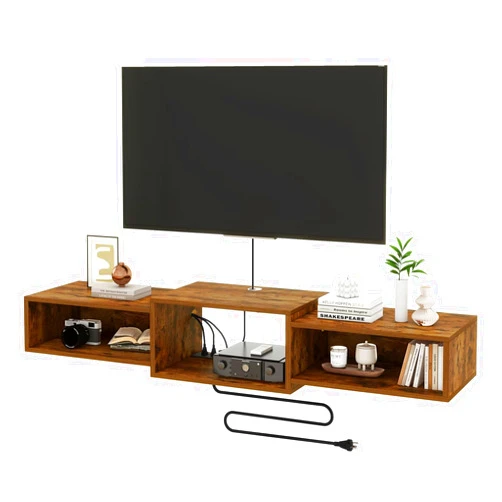 IBUYKE Floating TV Stand Wall Mounted with Power Outlet,Wood Wall Mounted Media Console Shelf,Floating Entertainment Center for Under TV Storage for Living Room Bedroom Office,Rustic Brown WST001H
