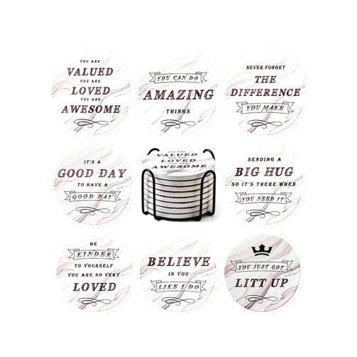 LIFVER Drinks Coasters Set of 8 with Holder, Marble Style Ceramic Coasters Motivational Housewarming Hostess Gifts, Absorbent Stone Coasters for Drinks with Cork Base Great Home and Office Decor