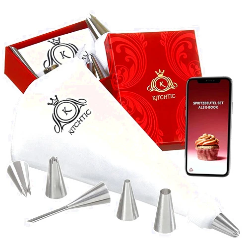 KITCHTIC Piping Bag Set - Large Reusable Cotton, Round Shape, 6 Pieces, Includes Nozzles, Adapter, Cleaning Brush & E-Book with Cake Decoration Tips
