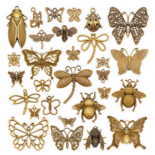 JJGQAZ 200g (About 100-120pcs) Assorted Insect Pendant Charms Mixed Bee Butterfly Dragonfly Charms for Bracelet Necklace DIY Jewelry Making Crafting Findings