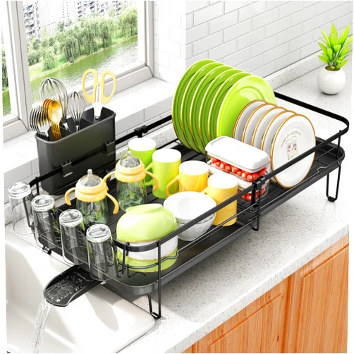 SNTD Large Dish Drying Rack - Expandable Dish Rack for Kitchen Counter, Stainless Steel Dish Drainer Rack with Utensil Holder and Cup Holder, Black