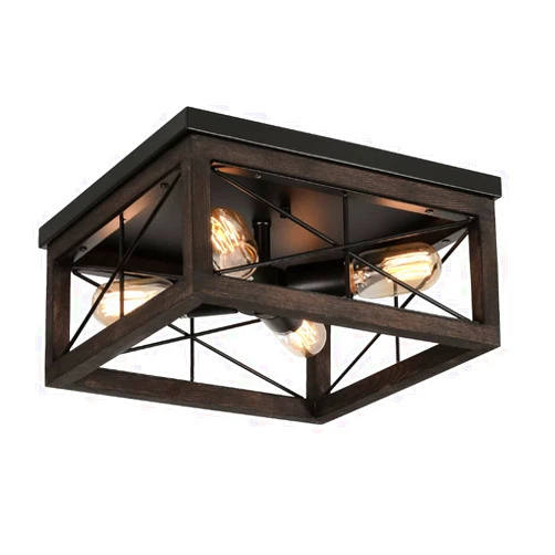 Eyassi Wooden Flush Mount Ceiling Light, 4-Light Rustic Farmhouse Light Fixtures, Industrial Square Ceiling Light Fixture with E26 Socket for Kitchen Entryway Living Room Dining Room Bedroom