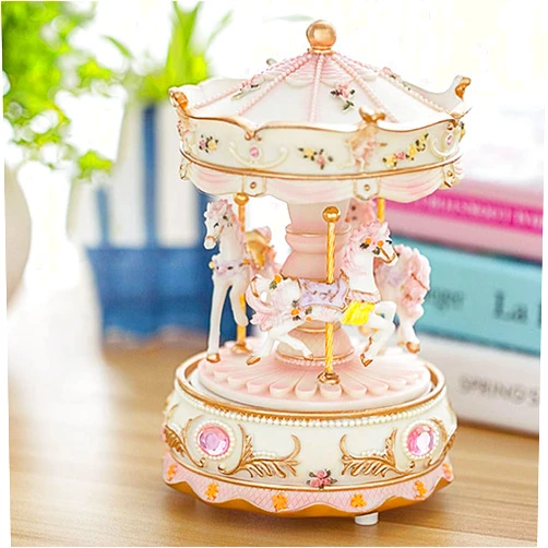 HKZTUY Clockwork Carousel Music Box - 3 Rotating Horses, Color-Changing LED, Timeless Melody | Luxury Home Decor for Enthusiasts, Ideal for Christmas, Birthdays, Valentine's (Pink)