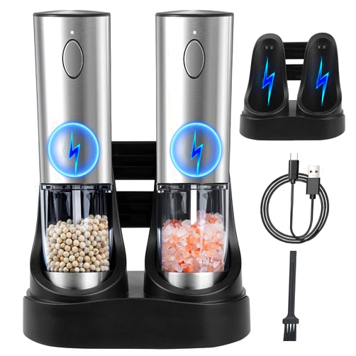 SOJOYFUL Electric Salt and Pepper Grinder Set with Charging Storage Base, Stainless Steel Automatic Pepper Mill, Rechargeable Salt and Pepper Shakers Refillable, Adjustable Coarseness and LED Light