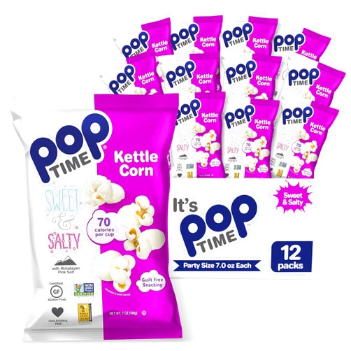 Poptime Kettle Cooked Popcorn Snack – Sweet & Salty – Kettle Corn – 7 Oz Bags, 12 Count - Whole Grain, Non-GMO, Gluten-Free, Dairy-Free, Kosher - Low-Calorie Healthy Snack