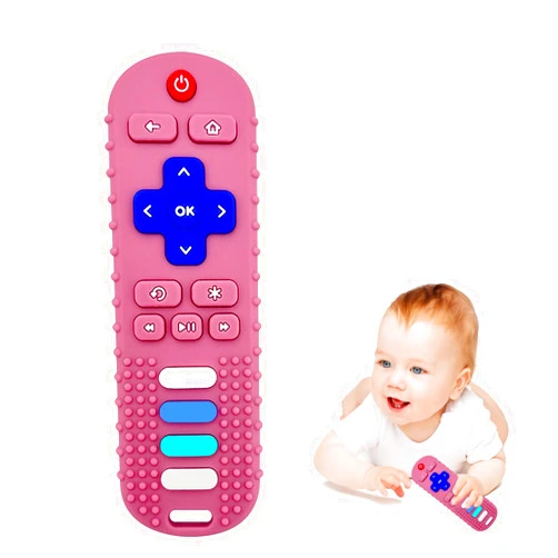 ROBBEAR Baby Teething Toys, Food Grade Silicone Teether for Babies 3 6 12 18 Months, TV Remote Shape Toddlers Chew Toys, Freezer BPA Free (Pink RC)